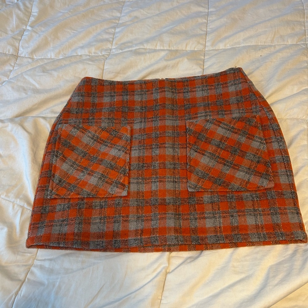 Lumiere Orange and Gray Plaid Mini Skirt